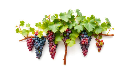 Life cycle of grapevine isolated on white background. Four year grapevine development and ripening stages. Spur pruning
