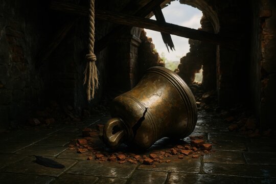 Ruined Bell Tower with cracked bronze bell resting on shattered floor and sunlight breaking through collapsed stone walls and rope beam

