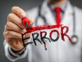 Medical professional marks error on a document with a red marker in office