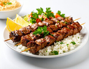 Juicy grilled meat skewers are served on a bed of fluffy white rice, accompanied by fresh parsley, lemon wedges, and a colorful vegetable salad on the side.