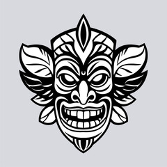 Ornate Tribal Mask with Winged Leaf Design, Black and White Illustration