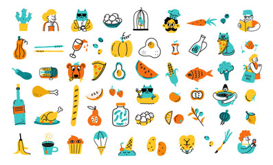 Set of Local food, Farmer's market concept. Street food market booth with vegetables and fruits, logo for groceries, agriculture stores, packaging and advertising.