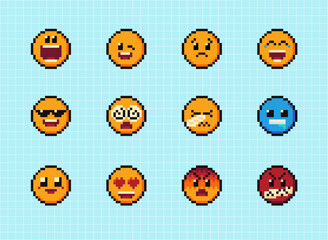 Pixels Y2k funny playful emoticon stickers. Love, kiss, melting smile. 8-bit retro style vector illustration for social media. Set of emoticons pixel art. Emoji pixelated icons. Various faces