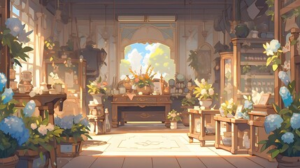 Charming flower shop with warm inviting atmosphere, filled with potted plants, with soft serene ambiance.