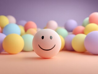 Colorful smiley face surrounded by pastel balls in a cheerful setting