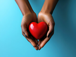 Hands holding a red heart against a blue background showing care and love