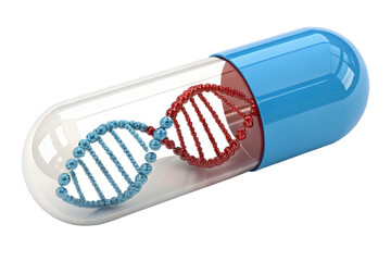 DNA helix inside pill capsule, 3D render, isolated PNG transparent background