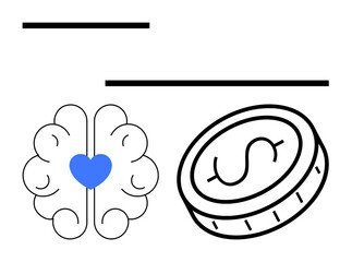 Brain with heart icon and coin emphasize balance between emotion and logic. Ideal for finance, psychology, emotional well-being, decision-making, money management, mindfulness, simple landing page