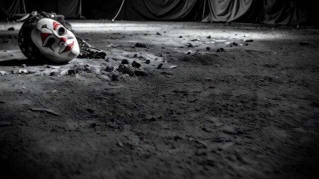 Abandoned porcelain clown mask rests on the dirt floor beneath a dark circus tent, creating a moody and unsettling atmosphere with eerie implications.