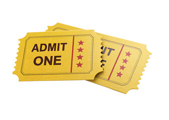 golden VIP movie tickets ADMIT ONE, isolated PNG transparent background