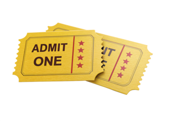 golden VIP movie tickets ADMIT ONE, isolated PNG transparent background