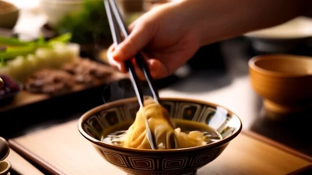 Hand holding chopsticks with noodles