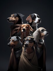 Six dogs in fantastical costumes, diverse breeds, colorful fantasy, moody lighting
