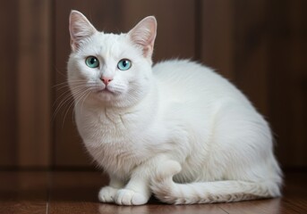 Obraz premium Portrait of a white cat with blue eyes sitting indoors