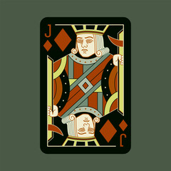 Jack of Diamonds, playing poker card in black design. Isolated vector illustration. Editable stroke lines.