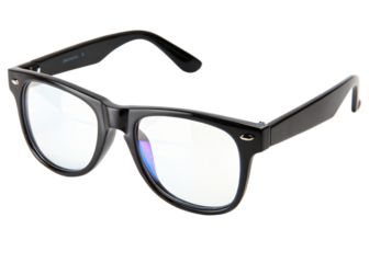 A pair of thick black-rimmed geek glasses, isolated PNG transparent background