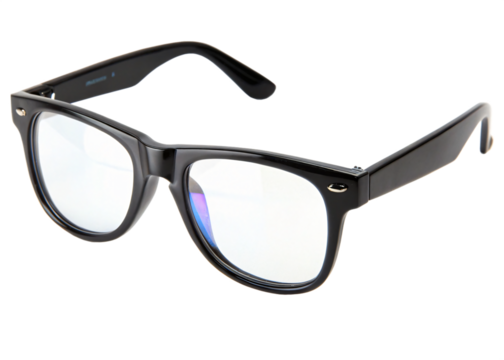 A pair of thick black-rimmed geek glasses, isolated PNG transparent background