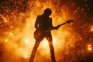 A rock star smashing a guitar on stage silhouette