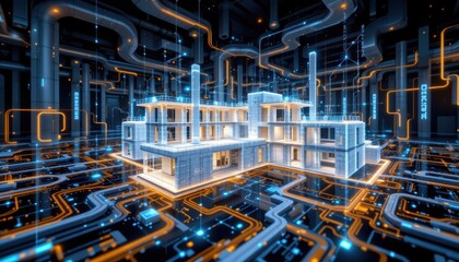 Fototapeta premium Illuminated futuristic house, a glimpse into modern architectural design with glowing lights and spacious interior