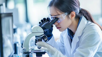 Dedicated scientist intensely examines sample under microscope in cutting-edge lab - Powered by Adobe