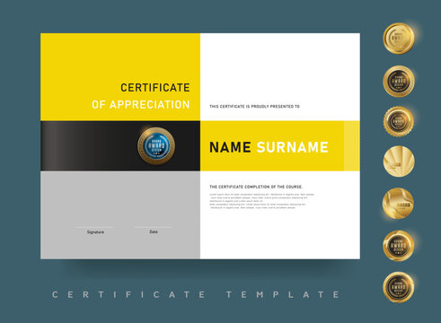 Stylish certificate template with bold grid layout creative yellow and black theme Ideal for modern award presentations and business achievements - Powered by Adobe