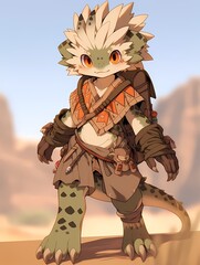 Young adventurous anime kobold, desert attire, backpack, sturdy boots.