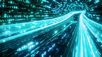 Futuristic DNA double helix transforming into glowing data streams with binary code, dynamic motion blur and neon electric blue-green light trails symbolizing high-speed biotech innovation