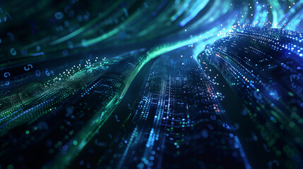 Futuristic DNA double helix transforming into glowing data streams with binary code, dynamic motion blur and neon electric blue-green light trails symbolizing high-speed biotech innovation
