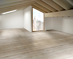 Single shot photo of an empty room, with a wooden beam roof