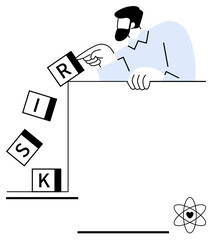 Man adjusts falling blocks with letters spelling RISK near ledge, symbolizing decision-making. Ideal for risk management, leadership, problem solving, strategy, innovation, caution, simple landing
