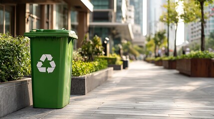 Green Trash Bin on a Urban Sidewalk : Suitable for Be Used in Blog Posts, Social Media Posts or Website Content Related to the Environment Theme.