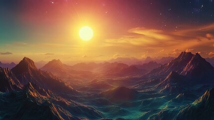 Obraz premium Breathtaking celestial sunrise illuminating rugged mountain landscape scenery