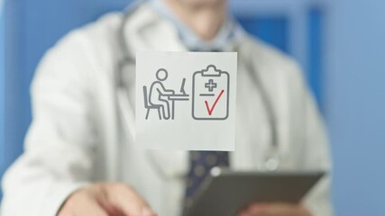 Medical practitioner showing a sticky note featuring a person working at a desk with a validated medical form, indicating successful return to work after medical leave