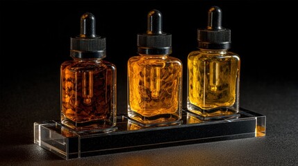 Three Amber Vape Juice Bottles on Black Acrylic Riser. High quality