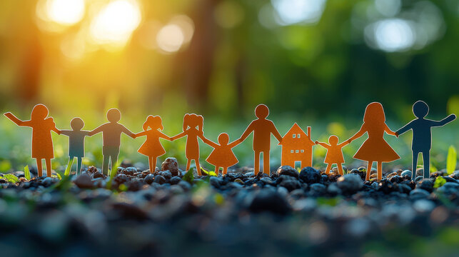 A diverse array of individuals, united by a shared concern for social well-being, held aloft paper cutouts representing various societal needs: a family, a home, an adoption foster care program, 