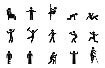 Set people icon, action pictogram black, stick figure human silhouettes, various man postures and movements, vector symbols