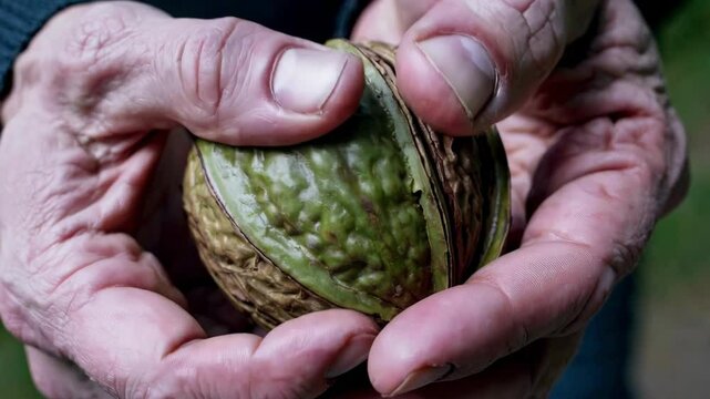 Weathered hands carefully splitting green walnut shell, revealing fresh kernel during seasonal harvesting process on rural farmland