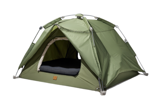 Compact, olive-green camping tent with a simple design.  Features an opening door and a built-in sleeping area