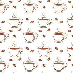 Coffee vibe. Seamless pattern with coffee cups and coffee beans. Restaurant menu background or kitchen wallpaper design.