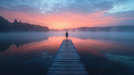 Fototapeta premium Silhouette figure on wooden dock at misty lake sunrise