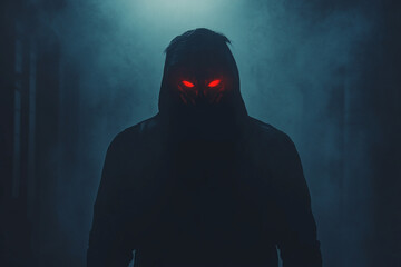 A shadowy figure with glowing red eyes silhouette