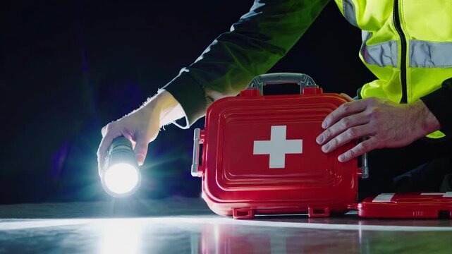 Emergency medical professional wearing bright safety vest, illuminating red medical kit with flashlight, revealing preparedness for urgent healthcare response