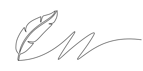 Crow feathers continuous one line drawing. Bird feather. Vector illustration, Scroll with inkwell and feather continuous line drawing. One line art of love letter, papyrus, antique, romance, classic.
