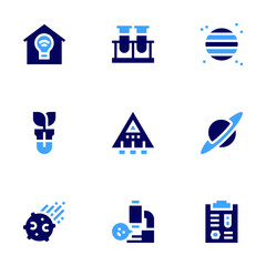 Science icon set. Bold style. Duotone colors. light bulb, experiment, planet, test tube, spaceship, meteorite, microscope, clipboard