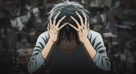 Distraught Anime Character in Ruins