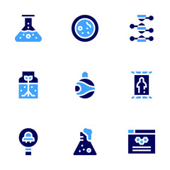Science icon set. Bold style. Duotone colors. flask, germination, search, cell, genetic, space colonization, teleportation, website