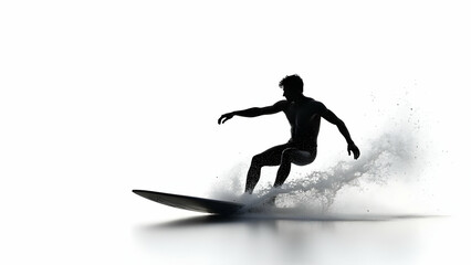 Fototapeta premium Drop Knee Turn Surfing Silhouette: Flowing Spray on Minimalist White Surface