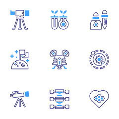 Science icon set. Bold line style. Duotone colors. Editable stroke. telescope, biology, eyedropper, flag, space capsule, solar system, dna, bond