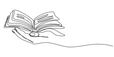 Hand holding paper book in continuous one line art drawing. Vector illustration documents concept, hand holding book one line continuous drawing copy space minimalism illustration, teacher reads text.