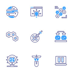 Science icon set. Bold line style. Duotone colors. Editable stroke. mars, idea, cells, molecule, petri dish, chemistry, test tube, virtual lab